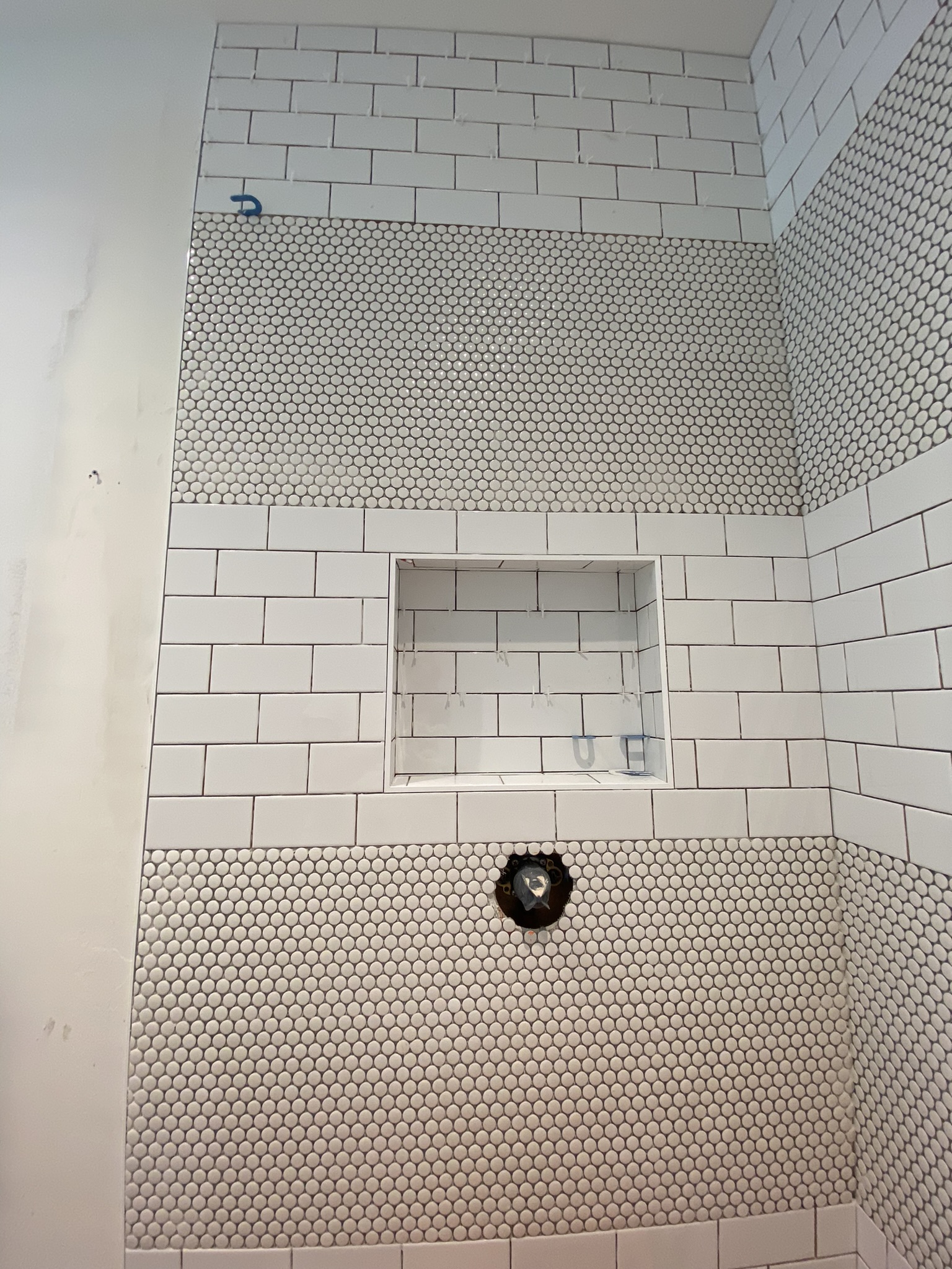 White subway and penny round mixed tile shower